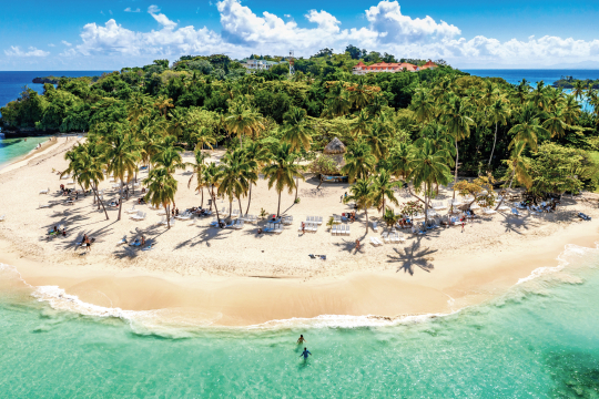 Karibische Insel mit Palmen und wei&szlig;en Sandstr&auml;nden umgeben vom Meer